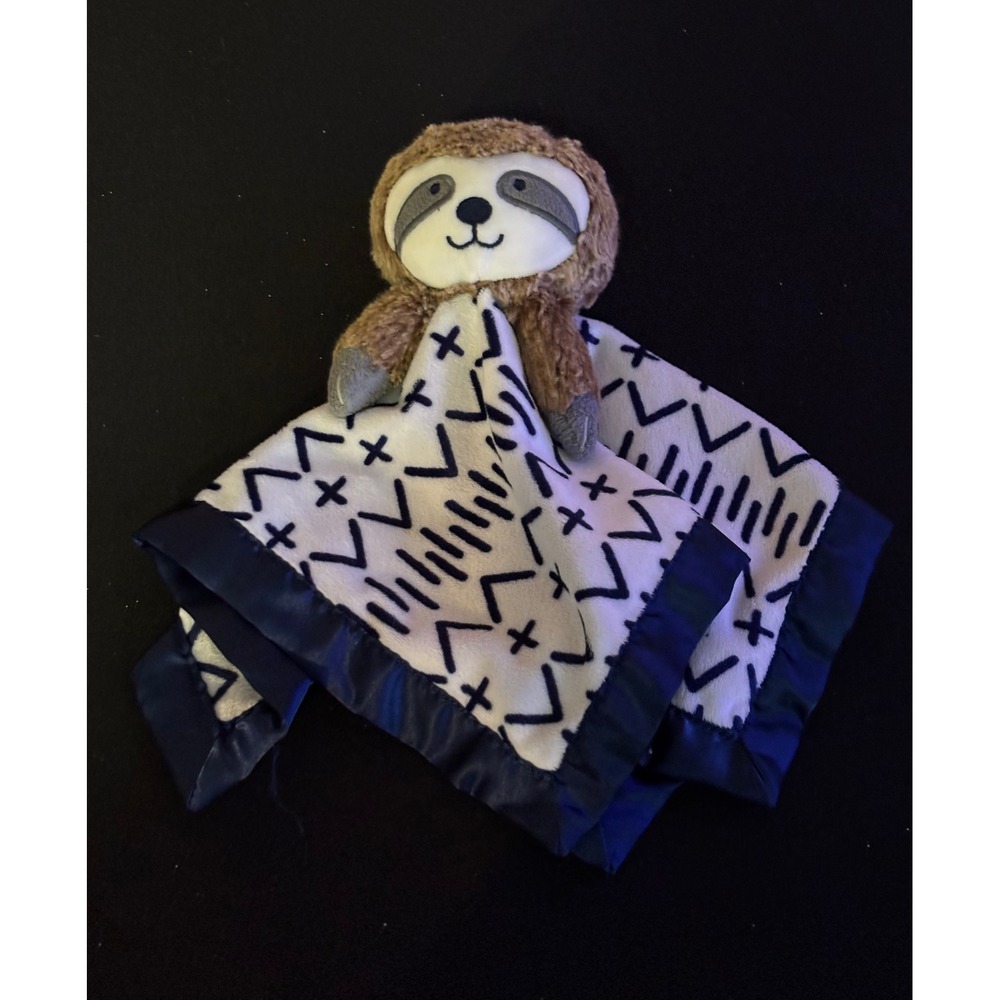 Cloud Island Sloth Security Blanket Lovey Navy Blue White Geometric Print Satin